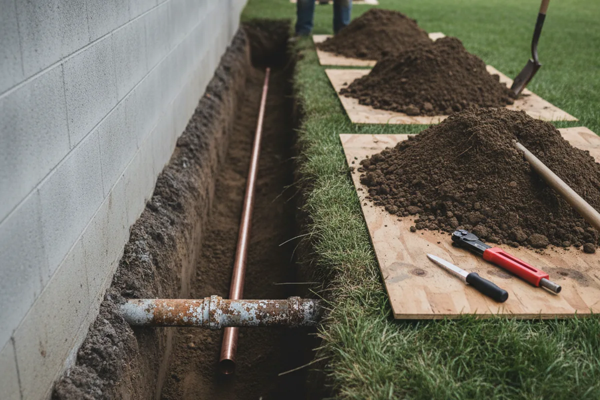 Excavated water line trench during Water Softener Installation in Spanaway